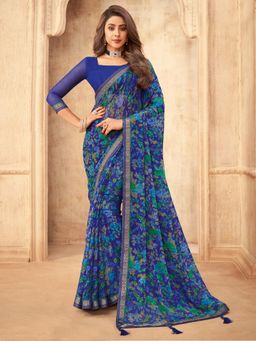 Akhilam - Womens Chiffon Blue Printed Designer Saree with Unstitched Blouse