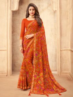 Akhilam - Womens Chiffon Orange Printed Designer Saree with Unstitched Blouse