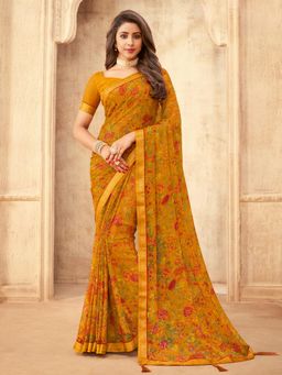 Akhilam - Womens Chiffon Mustard Printed Designer Saree with Unstitched Blouse