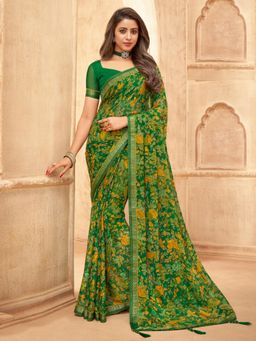 Akhilam - Womens Chiffon Green Printed Designer Saree with Unstitched Blouse