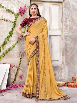 Sareemall - Womens Chiffon Cream Embellished Designer Saree with Unstitched Blouse