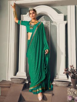 Akhilam - Womens Georgette Green Printed Designer Saree with Unstitched Blouse