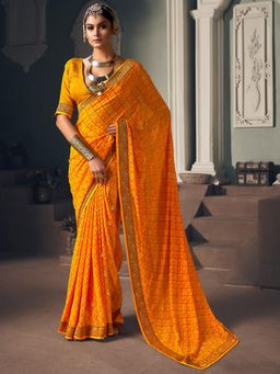 Akhilam - Womens Georgette Yellow Printed Designer Saree with Unstitched Blouse