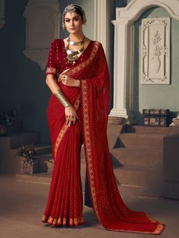 Akhilam - Womens Georgette Maroon Printed Designer Saree with Unstitched Blouse