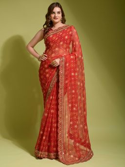 Akhilam - Womens Chiffon Red Embellished Designer Saree with Unstitched Blouse