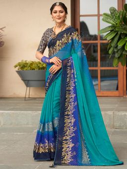 Sareemall - Womens Chiffon Blue Printed Designer Saree with Unstitched Blouse