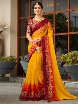 Sareemall - Womens Chiffon Yellow Printed Designer Saree with Unstitched Blouse