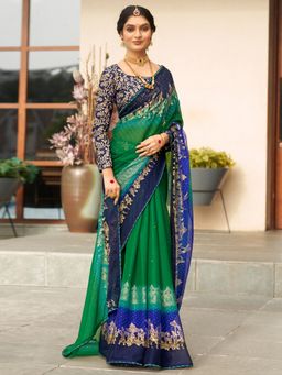 Sareemall - Womens Chiffon Green Printed Designer Saree with Unstitched Blouse