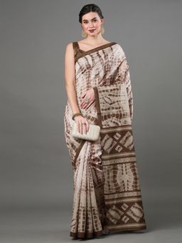 Akhilam - Womens Bhagalpuri Silk Beige Tie-Dye Designer Saree with Unstitched Blouse