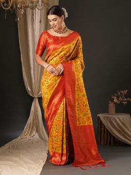 Akhilam - Womens Silk Blend Yellow Woven Designer Saree with Unstitched Blouse