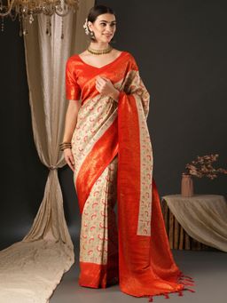 Akhilam - Womens Silk Blend Cream Woven Designer Saree with Unstitched Blouse