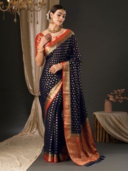 Akhilam - Womens Georgette Navy Blue Woven Designer Saree with Unstitched Blouse