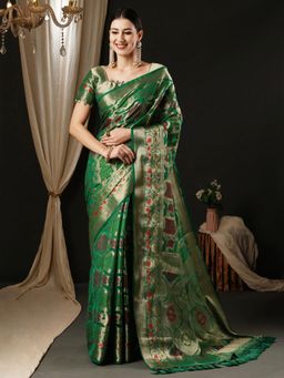 Akhilam - Womens Organza Green Woven Designer Saree with Unstitched Blouse