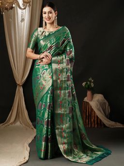 Akhilam - Womens Organza Teal Blue Woven Designer Saree with Unstitched Blouse