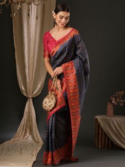Akhilam - Womens Silk Blend Navy Blue Woven Designer Saree with Unstitched Blouse