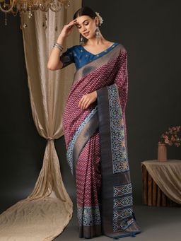 Akhilam - Womens Silk Blend Magenta Printed Designer Saree with Unstitched Blouse