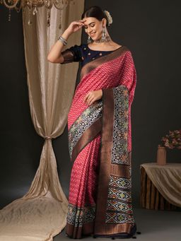 Akhilam - Womens Silk Blend Pink Printed Designer Saree with Unstitched Blouse