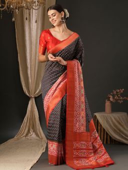Akhilam - Womens Silk Blend Navy Blue Printed Designer Saree with Unstitched Blouse