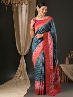 Akhilam - Womens Silk Blend Blue Printed Designer Saree with Unstitched Blouse