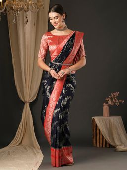 Akhilam - Womens Georgette Navy Blue Woven Designer Saree with Unstitched Blouse