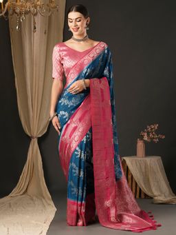 Akhilam - Womens Georgette Blue Woven Designer Saree with Unstitched Blouse