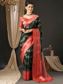 Akhilam - Womens Georgette Green Woven Designer Saree with Unstitched Blouse