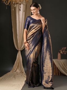 Akhilam - Womens Silk Blend Navy Blue Woven Designer Saree with Unstitched Blouse