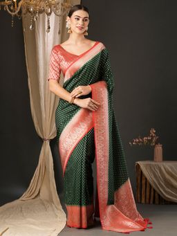 Akhilam - Womens Georgette Green Woven Designer Saree with Unstitched Blouse
