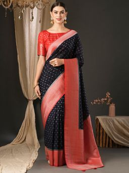 Akhilam - Womens Georgette Navy Blue Woven Designer Saree with Unstitched Blouse