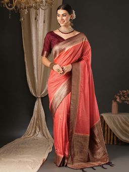 Akhilam - Womens Silk Blend Peach Woven Designer Saree with Unstitched Blouse