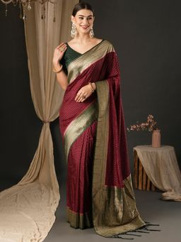 Akhilam - Womens Silk Blend Maroon Woven Designer Saree with Unstitched Blouse