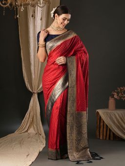 Akhilam - Womens Silk Blend Red Woven Designer Saree with Unstitched Blouse