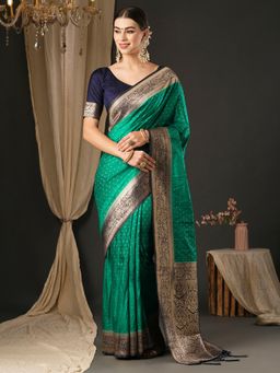 Akhilam - Womens Silk Blend Green Woven Designer Saree with Unstitched Blouse