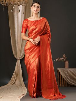 Akhilam - Womens Silk Blend Red Embellished Designer Saree with Unstitched Blouse
