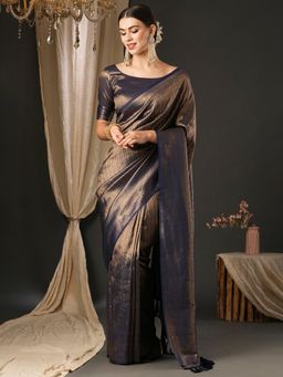 Akhilam - Womens Silk Blend Navy Blue Embellished Designer Saree with Unstitched Blouse