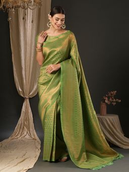 Akhilam - Womens Silk Blend Green Woven Designer Saree with Unstitched Blouse