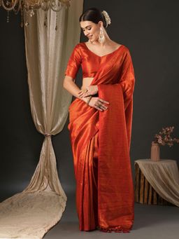Akhilam - Womens Silk Blend Red Woven Designer Saree with Unstitched Blouse