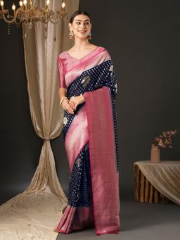 Akhilam - Womens Georgette Navy Blue Woven Designer Saree with Unstitched Blouse