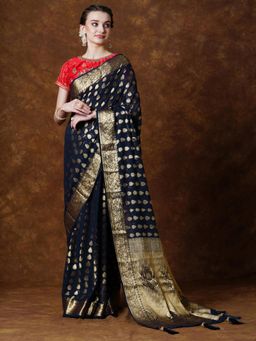 Akhilam - Womens Georgette Navy Blue Woven Designer Saree with Unstitched Blouse