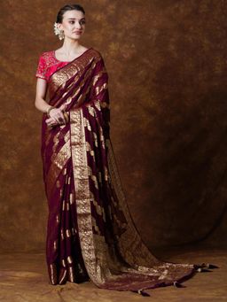 Akhilam - Womens Georgette Burgundy Woven Designer Saree with Unstitched Blouse