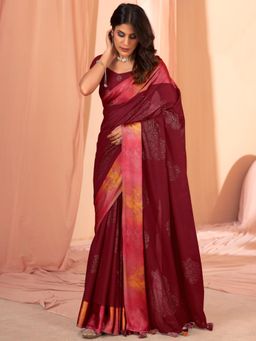Akhilam - Womens Soft Silk Burgundy Embellished Designer Saree with Unstitched Blouse