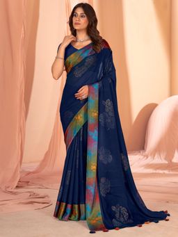 Akhilam - Womens Soft Silk Navy Blue Embellished Designer Saree with Unstitched Blouse