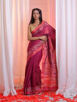 CHARUKRITI - Magenta Cotton Handwoven Soft Saree with Jamdani Borders