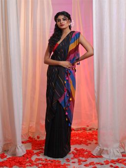 CHARUKRITI - Black Cotton Handwoven Soft Saree with Stripe Pattern