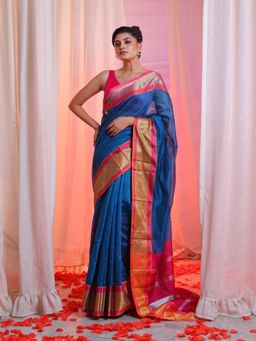 CHARUKRITI - Teal Blue Cotton Silk Handwoven Saree with Stripes Pallu