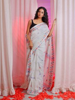 CHARUKRITI - Light Grey Cotton Handspun Texture Motifs Saree with Stripes Pallu