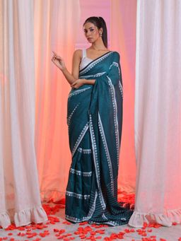 CHARUKRITI - Teal Cotton Handwoven Saree with Stripes Pallu