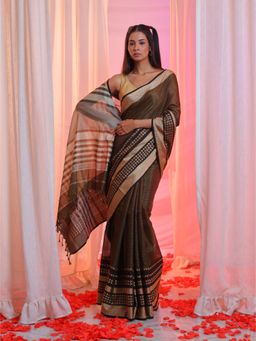 CHARUKRITI - Brown Cotton Silk Handwoven Texture Borders Saree with Unstitched Blouse