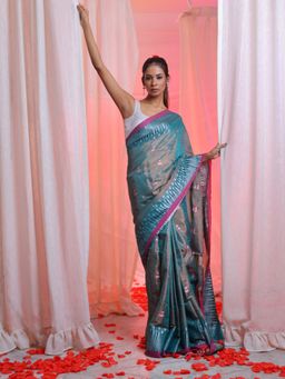 CHARUKRITI - Teal Color Handwoven Tissue Woven Designs Saree with Unstitched Blouse