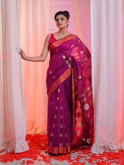 CHARUKRITI - Purple Cotton Blend Handwoven Floral Texture Design Saree with Unstitched Blouse
